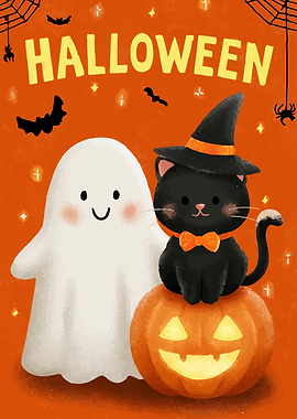 Cute Halloween Ghost and Cat Illustration