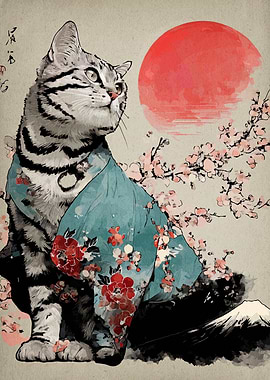 Cat in Kimono with Japanese Landscape