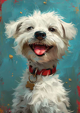 Happy White Dog Portrait with Red Collar