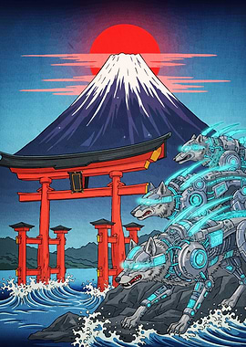 Cyberpunk Wolves Mount Fuji