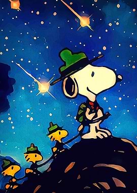 Snoopy and Woodstock under starry sky