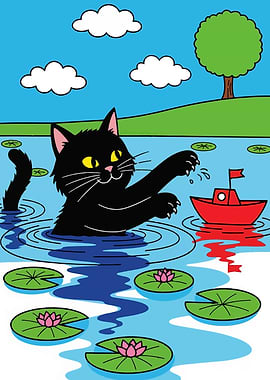 Cartoon Cat Playing with Boat in Pond