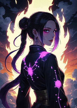 Anime Girl with Purple Accents and Fire