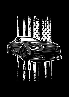 Black Mustang with American Flag Backdrop