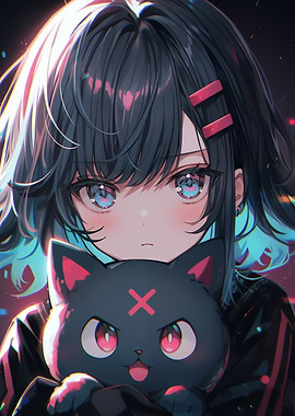 Anime Girl with Cat Plushie