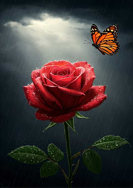 Red Rose and Butterfly in Rain