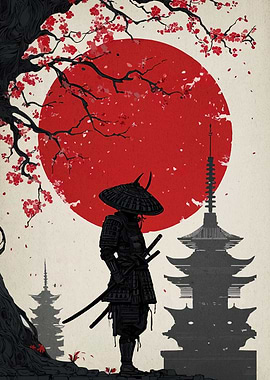Samurai with Cherry Blossoms and Pagoda
