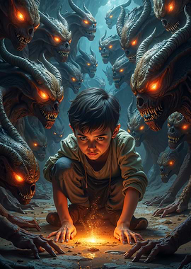 Boy with Magic Surrounded by Demons