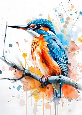 Watercolor Kingfisher Bird on Branch