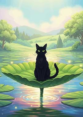 Black cat on a lily pad