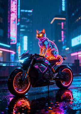 Cyberpunk Cat on Motorcycle in Rainy City