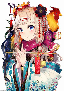 Anime Girl with Rooster and Kimono