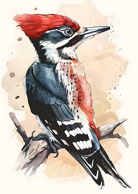 Watercolor Woodpecker Illustration on Branch