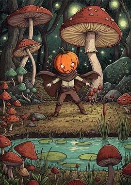 Pumpkin-headed figure in mushroom forest