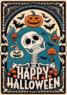 Vintage Halloween Poster with Skeleton