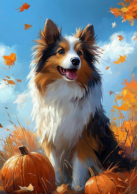 Sheltie with Pumpkins | Autumn Dog Print