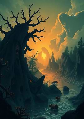 Fantasy Landscape with Bears and River