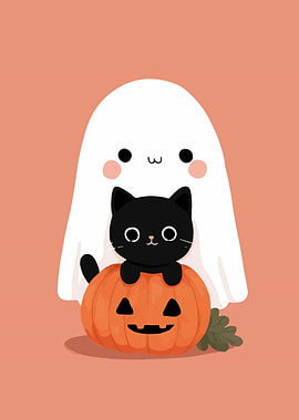 Cute Halloween Ghost, Cat, and Pumpkin
