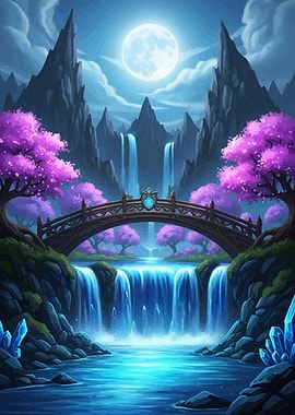Fantasy Landscape with Bridge and Waterfalls