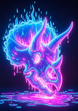 Neon Triceratops Skull with Dripping Flames