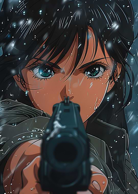 Anime Girl with Gun in Rain