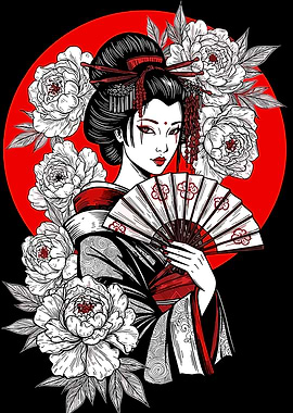 Geisha with Fan and Floral Accents