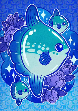 Cute Ocean Sunfish with Flowers Illustration