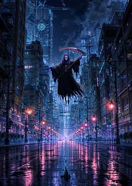 Cyberpunk Grim Reaper Cityscape