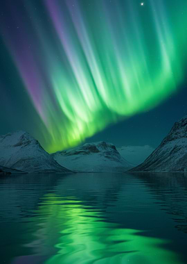 Aurora Borealis over Snowy Mountains and Lake