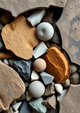 Earth-Toned Clay Shards, Ceramic Spheres, and Stone Fragments in a Minimal Organic Still-Life Composition