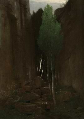 Canyon Landscape Painting with Green Tree