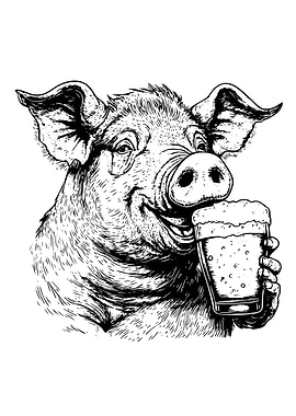Pig with Beer Glass Illustration
