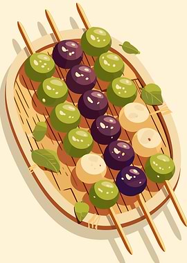 Colorful Dango Skewers on Wooden Tray