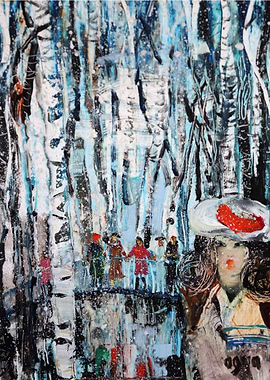 Abstract Birch Forest with Figures Painting