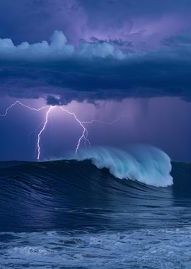 Stormy Ocean Wave with Lightning