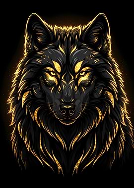 Golden Wolf Portrait on Black Background