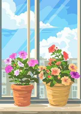 Flowers in pots on windowsill