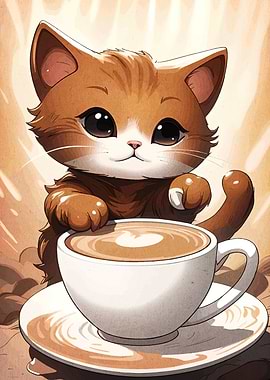 Cute Cat with Coffee Cup