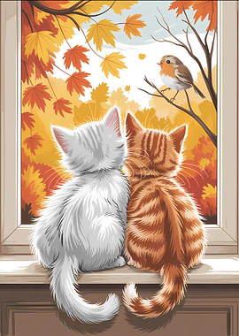 Two Cats Watching Autumn Bird Fall Home Decor Window Art