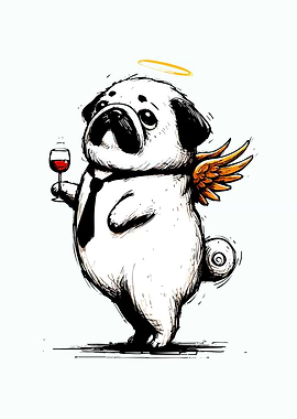 Angel Pug with Wine
