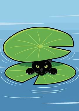 Black cat hiding under lily pads