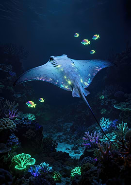 Glowing Stingray in Coral Reef