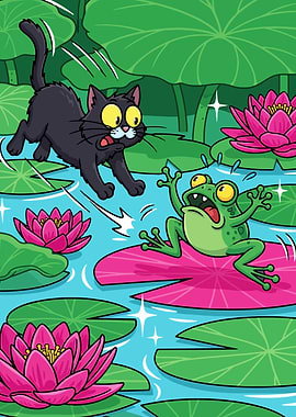 Cartoon Cat and Frog in Pond