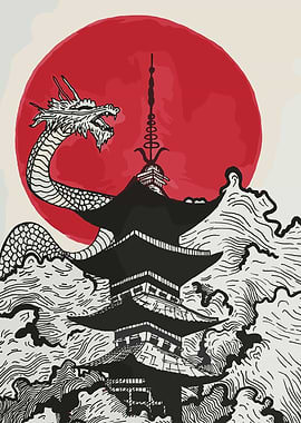 Japanese Pagoda with Dragon and Sun