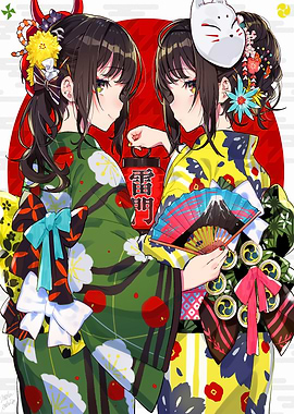 Anime Girls in Kimonos with Lantern