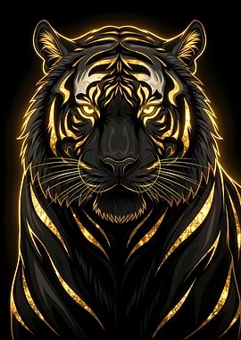 Golden Tiger Portrait on Black Background