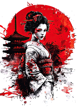Geisha with Pagoda and Red Sun