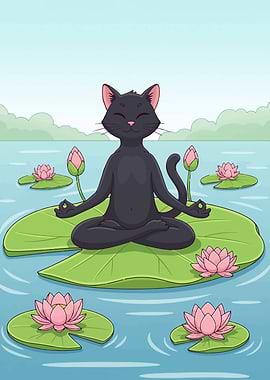 Meditating Cat on Lily Pad