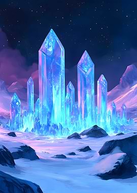 A crystal castle rises out of a field of snow. 1