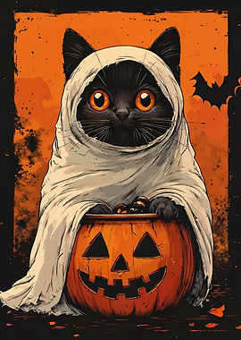 Halloween Cat Ghost with Pumpkin